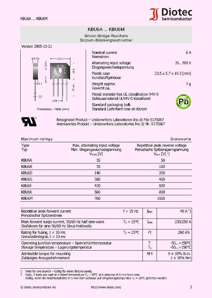 KBU6G_4116465.PDF Datasheet Download --- IC-ON-LINE