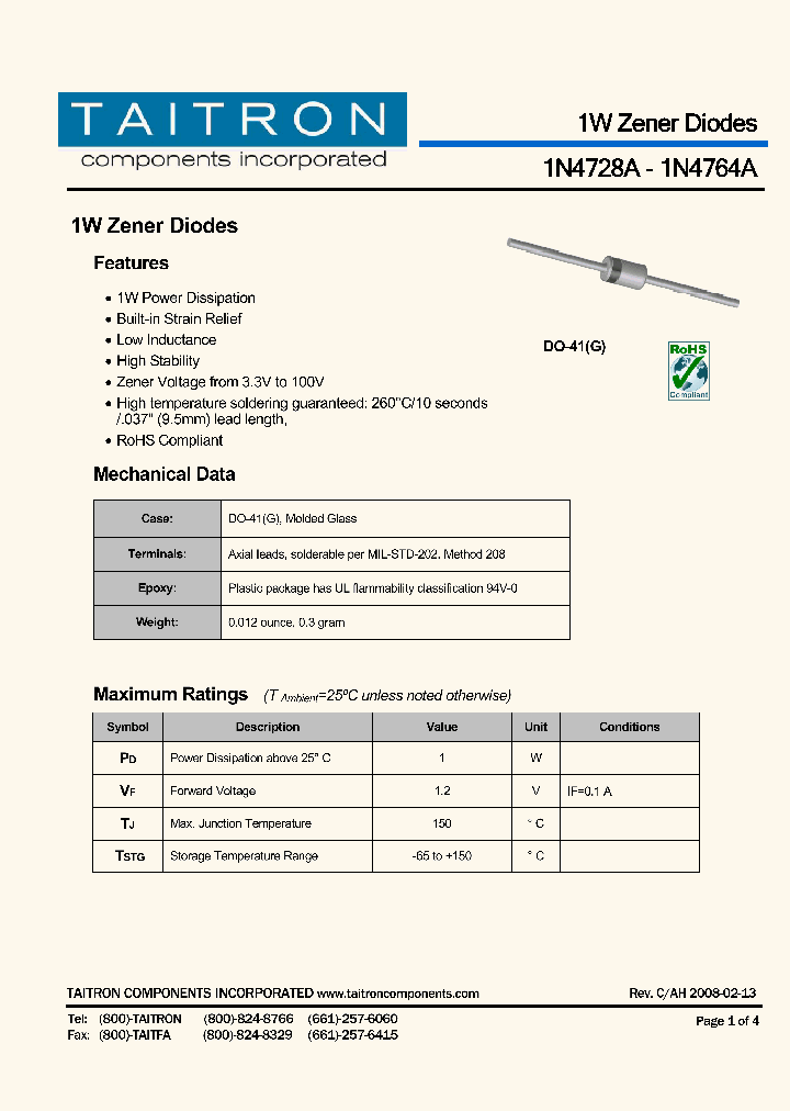 1N4764A_4459119.PDF Datasheet Download --- IC-ON-LINE