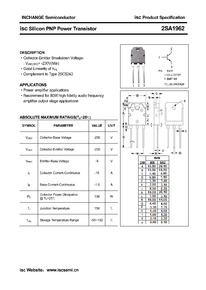 2SA1962_4332646.PDF Datasheet Download --- IC-ON-LINE