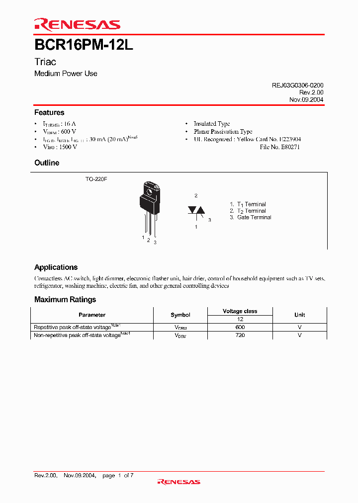 BCR16PM-12L_4342027.PDF Datasheet Download --- IC-ON-LINE
