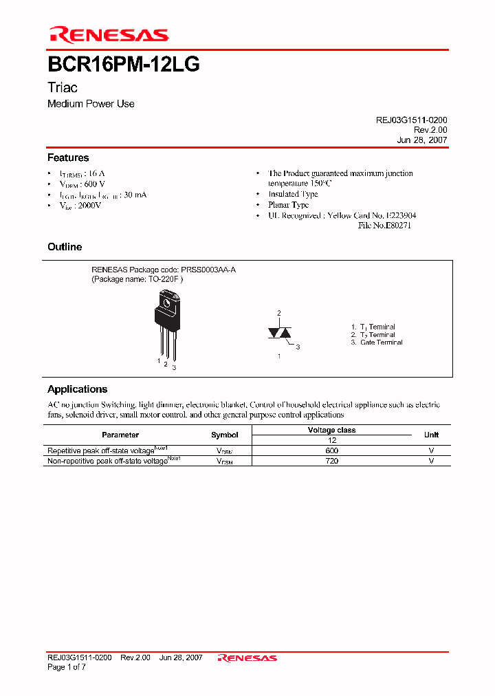BCR16PM-12LG_4342032.PDF Datasheet Download --- IC-ON-LINE