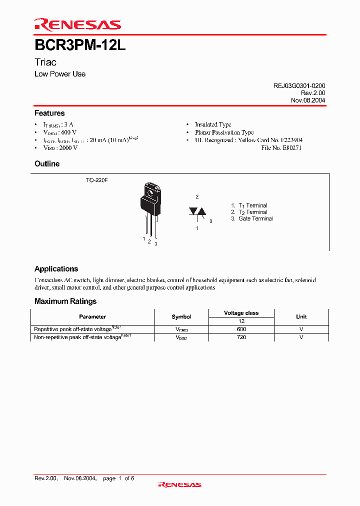 BCR3PM 12LA A8 4282235 PDF Datasheet Download IC ON LINE