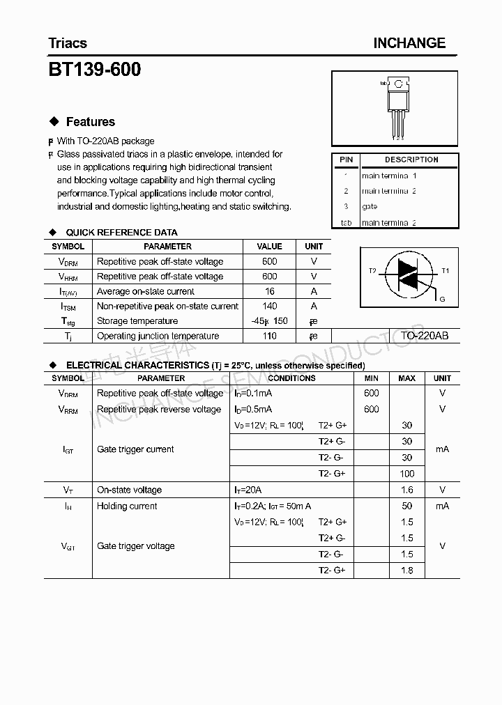 BT139 TRIAC Pinout, Datasheet, Equivalent And Specs, 56% OFF