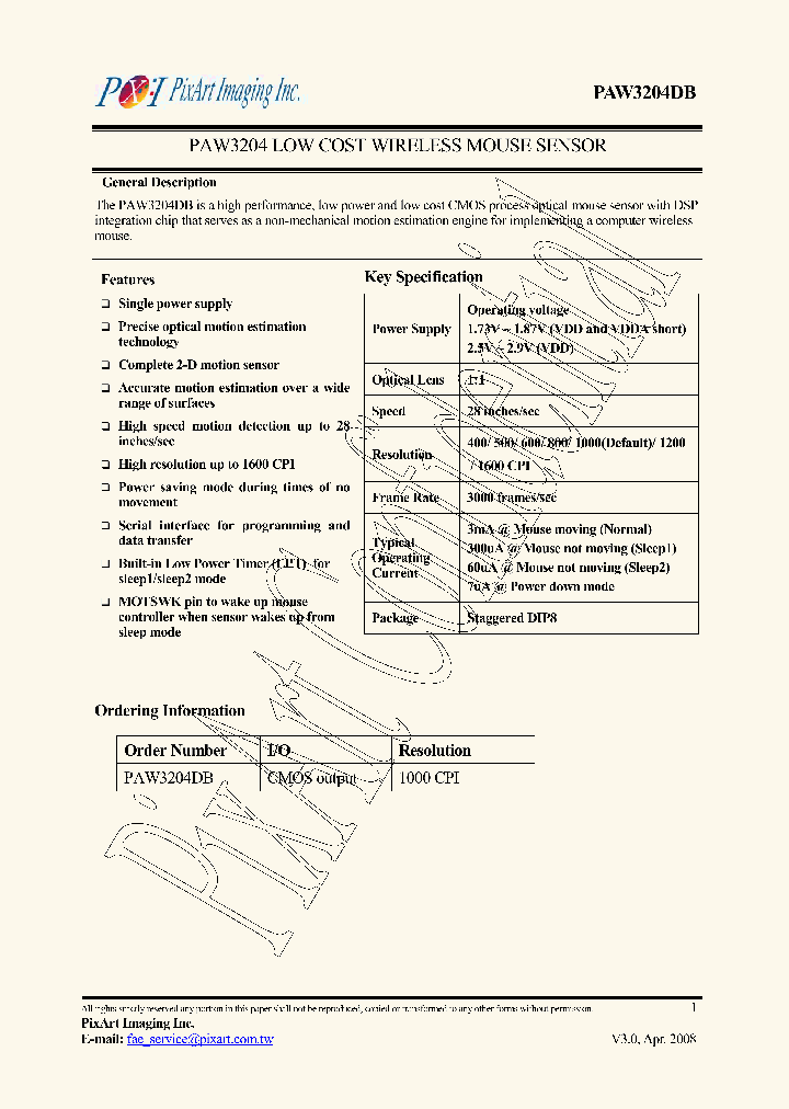PAW3204_4860250.PDF Datasheet Download --- IC-ON-LINE