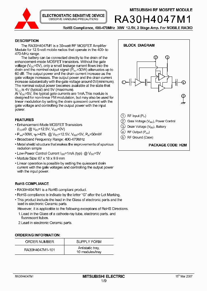 1PZ RA30H4047M1-101 Modulo RF Incapsulato SMD - Componente Elettronico