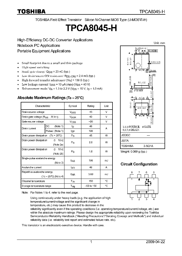 TPCA8045-H_4597335.PDF Datasheet Download --- IC-ON-LINE