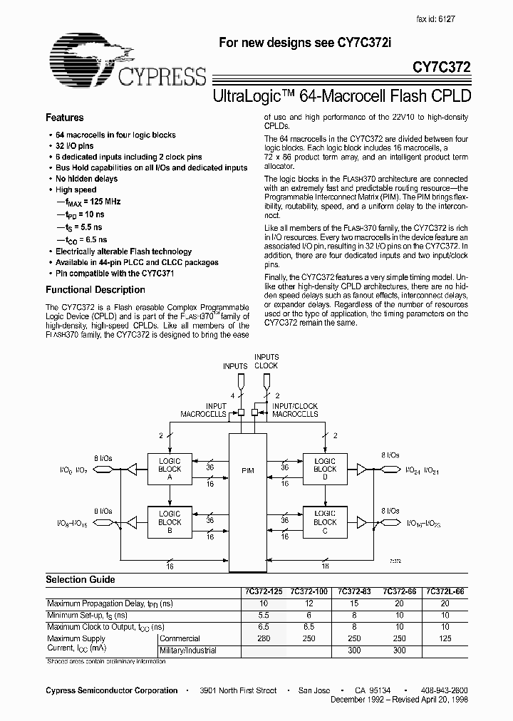 CY7C371-66JC CY7C371-66JI PLCC44 CYPRESS Nuovo Chip Originale
