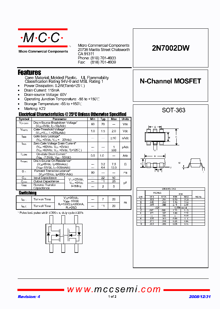 2N7002DW-TP_4948425.PDF Datasheet Download --- IC-ON-LINE