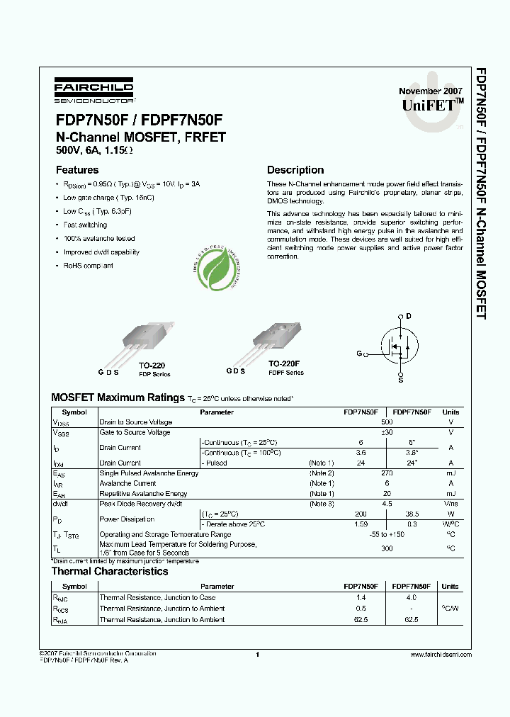 FDPF7N50F_4952014.PDF Datasheet Download --- IC-ON-LINE