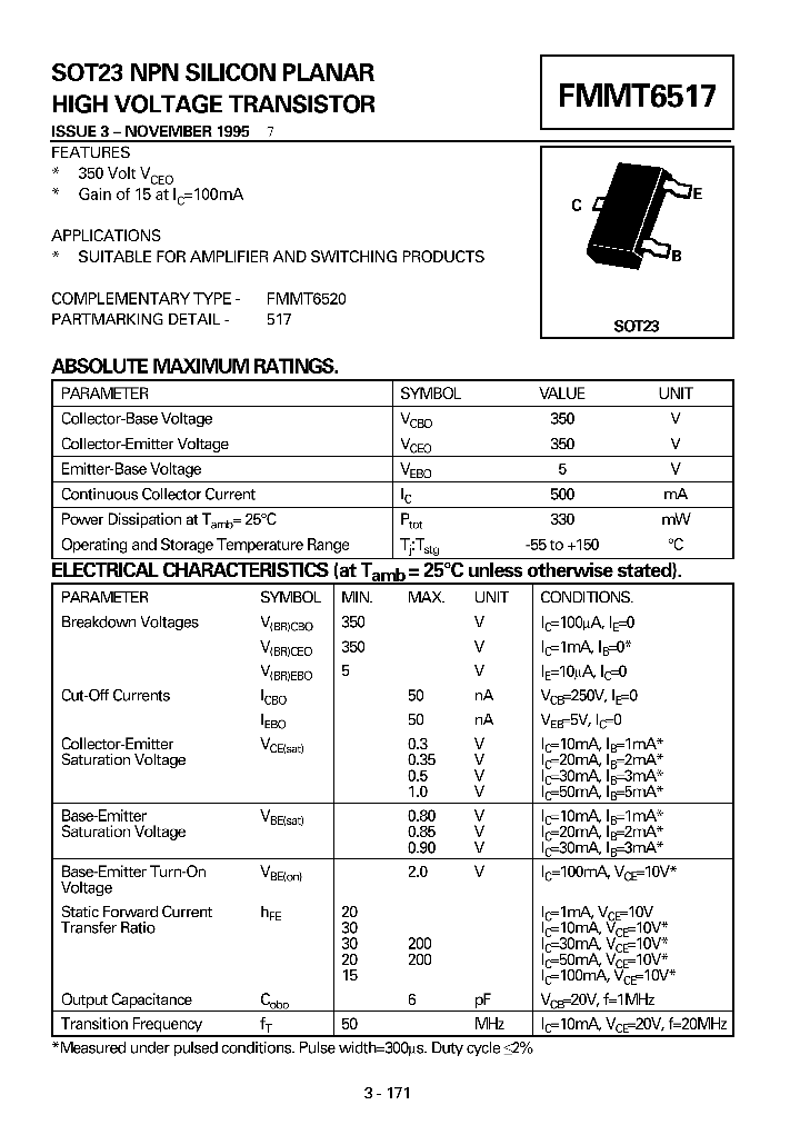 FMMT6517_4997910.PDF Datasheet Download --- IC-ON-LINE