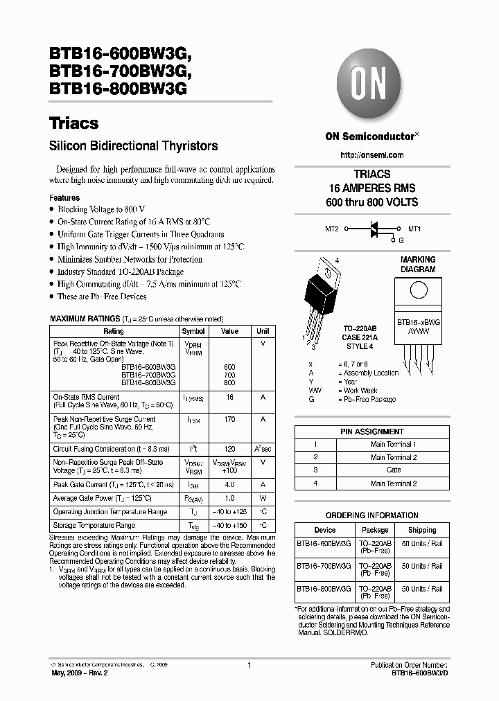 BTB16-800BW3G_5030764.PDF Datasheet Download --- IC-ON-LINE