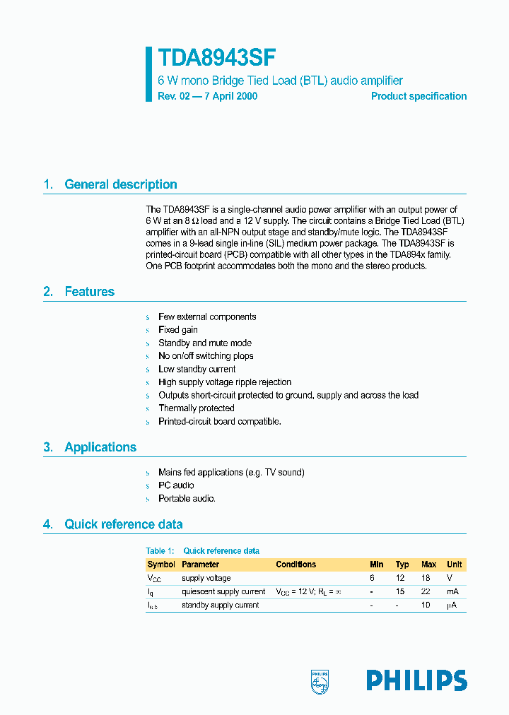 TDA8943SF_54626.PDF Datasheet Download --- IC-ON-LINE