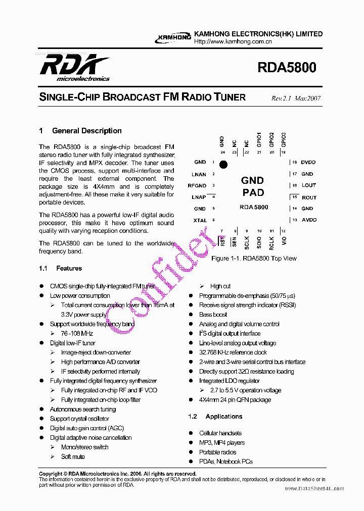 RDA5800_38755.PDF Datasheet Download --- IC-ON-LINE