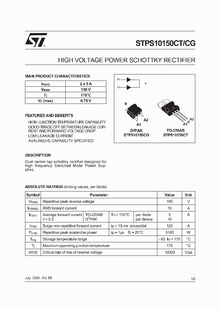 STPS10150CG_42780.PDF Datasheet