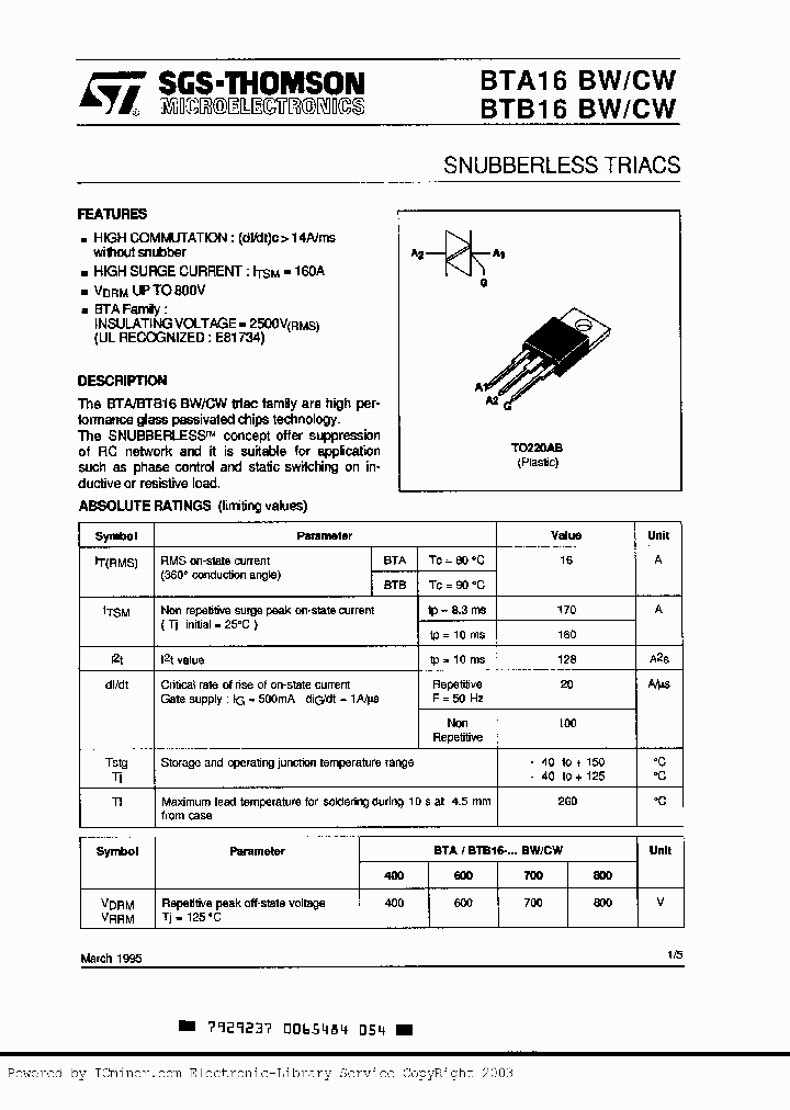 BTA16-600BW_96652.PDF Datasheet Download --- IC-ON-LINE