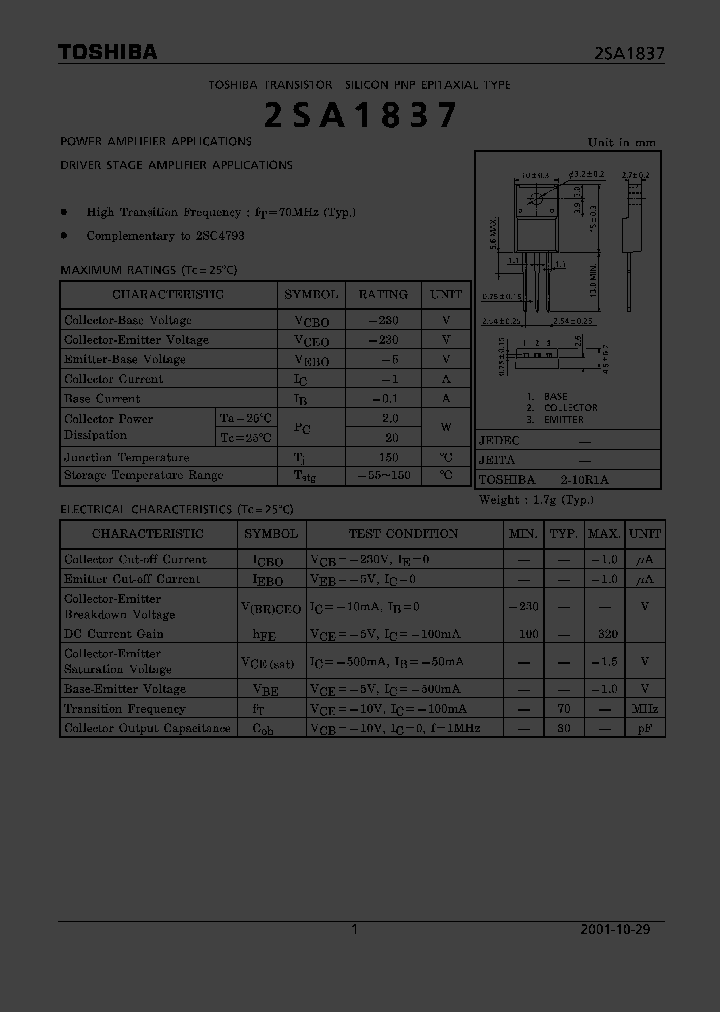 2SA1837_249180.PDF Datasheet Download --- IC-ON-LINE