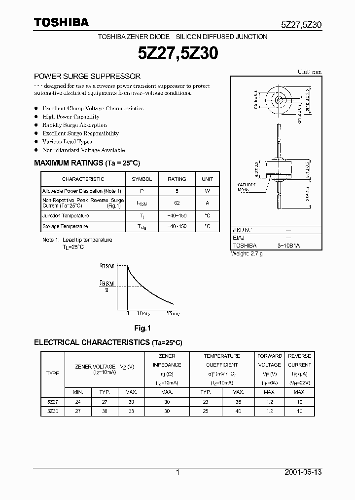5 Diodes Zener U5ZA27C TOSHIBA - DO-218 - Pour Réparation électronique