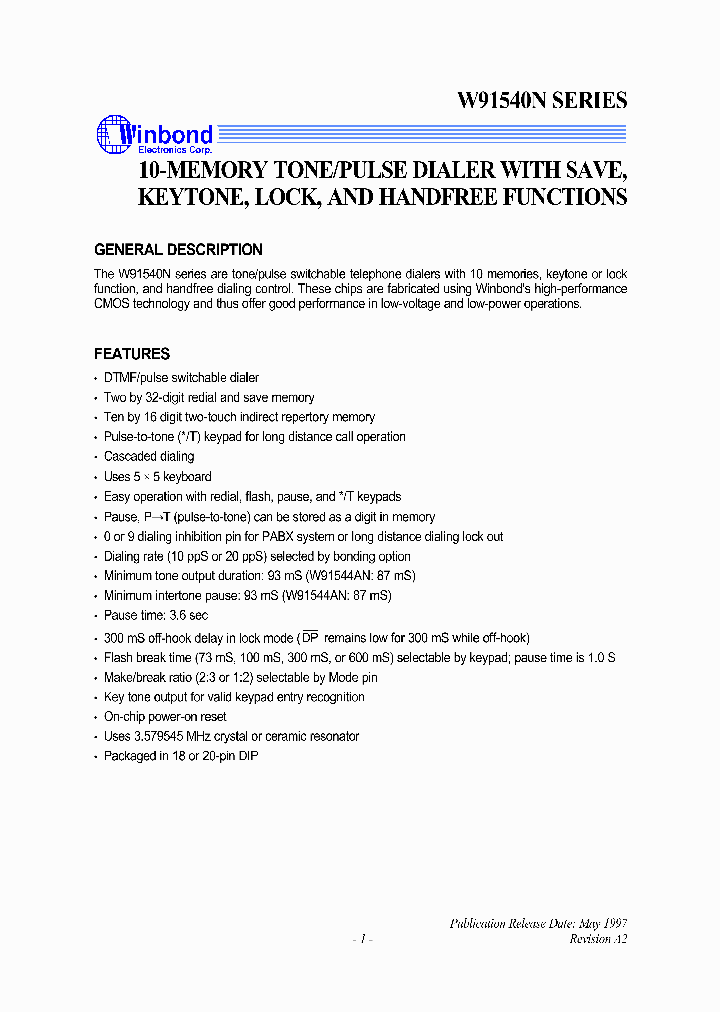 W91542N_828508.PDF Datasheet Download --- IC-ON-LINE