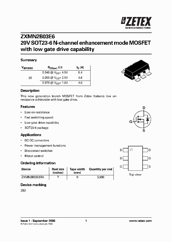 ZXMN2B03E6TA_834948.PDF Datasheet Download --- IC-ON-LINE