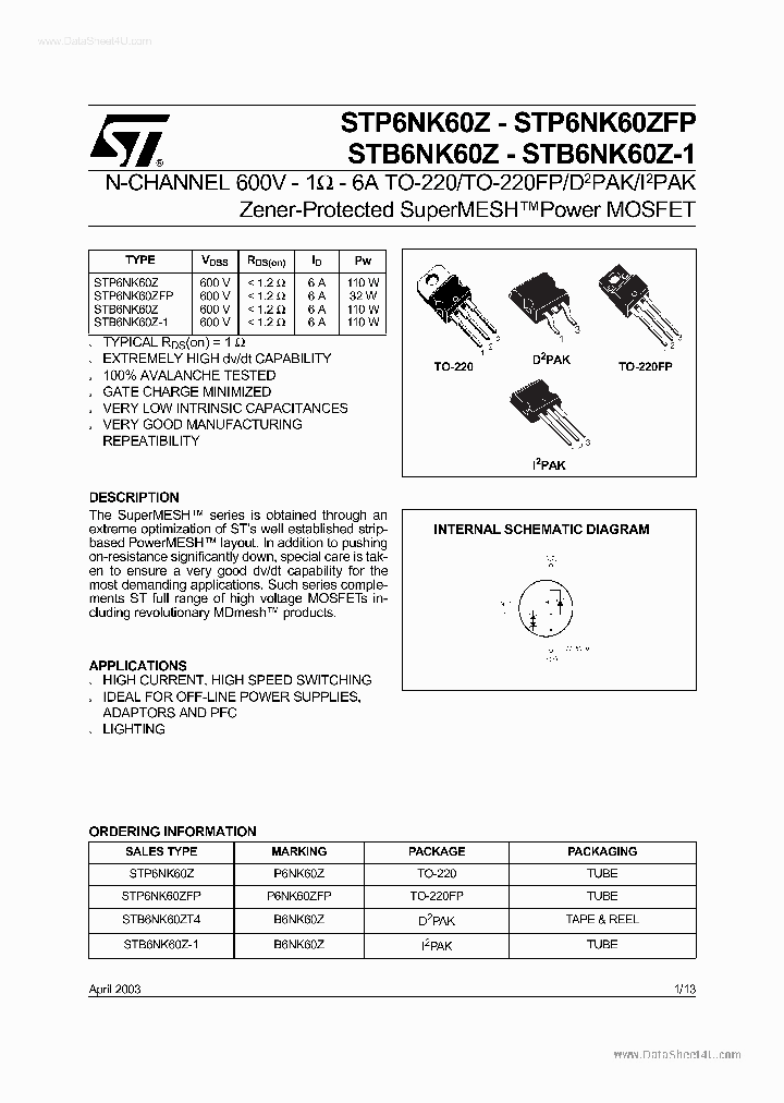 P6NK60_1398274.PDF Datasheet Download --- IC-ON-LINE