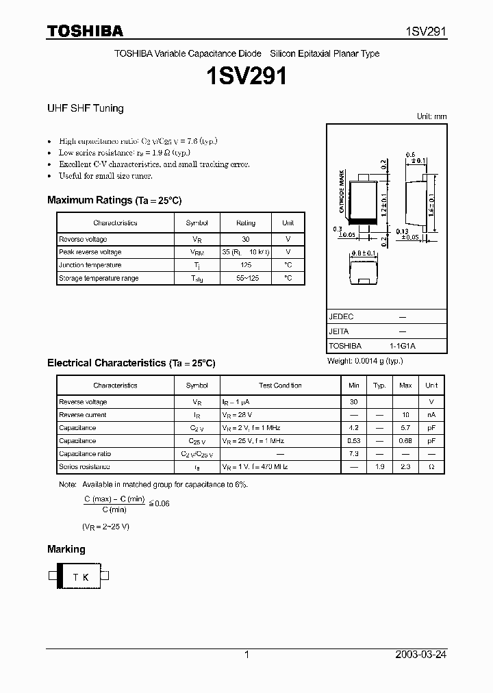 1SV291_1485192.PDF Datasheet Download --- IC-ON-LINE
