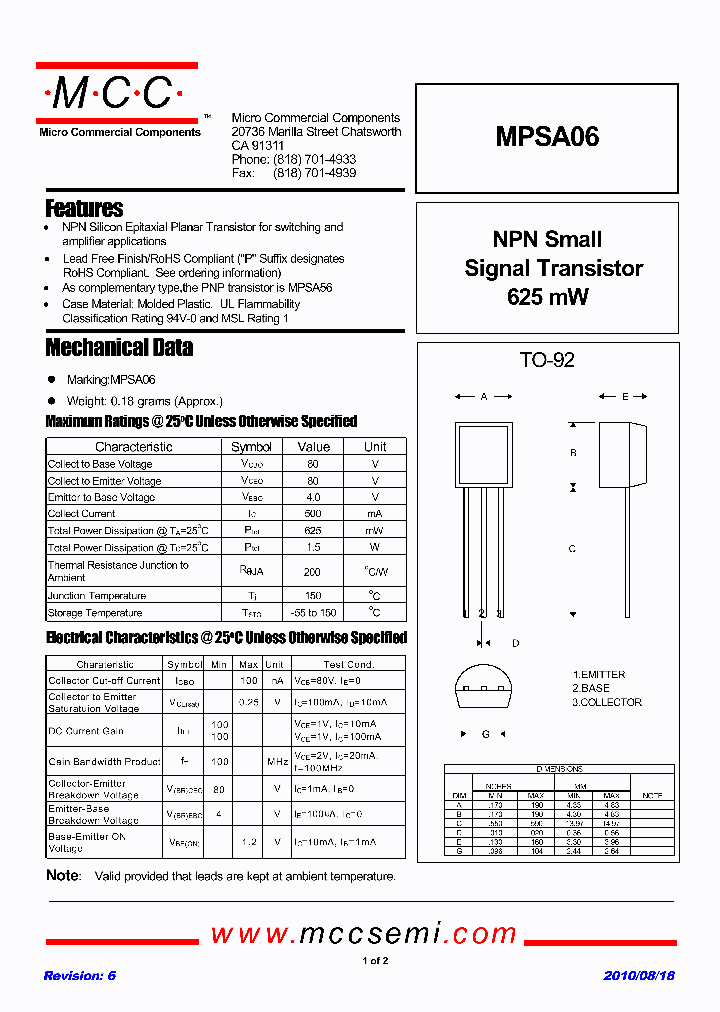 MPSA06AP_1001258.PDF Datasheet Download