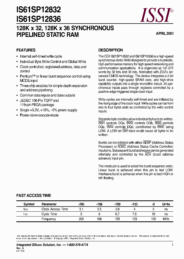 IS61SP12832-5TQI_1447903.PDF Datasheet