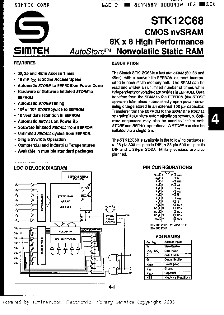 Circuit Intégré SIMTEK STK12C68-W45I - Type Mémoire Non Volatile - Neuf - Composant électronique Professionnel