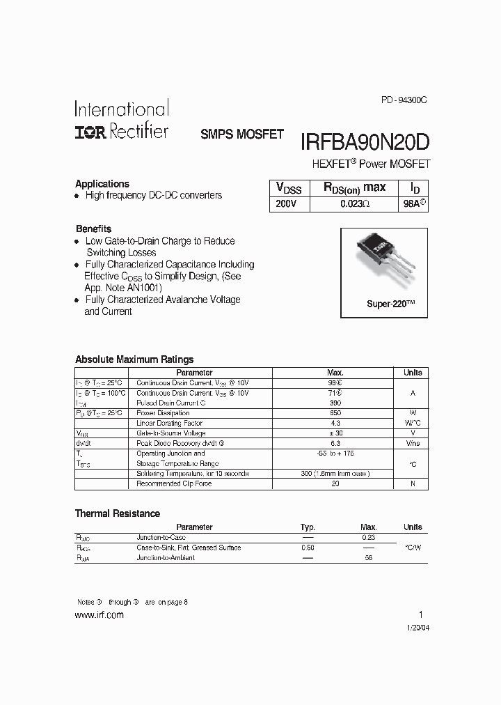 IRFBA90N20D_3668216.PDF Datasheet Download --- IC-ON-LINE