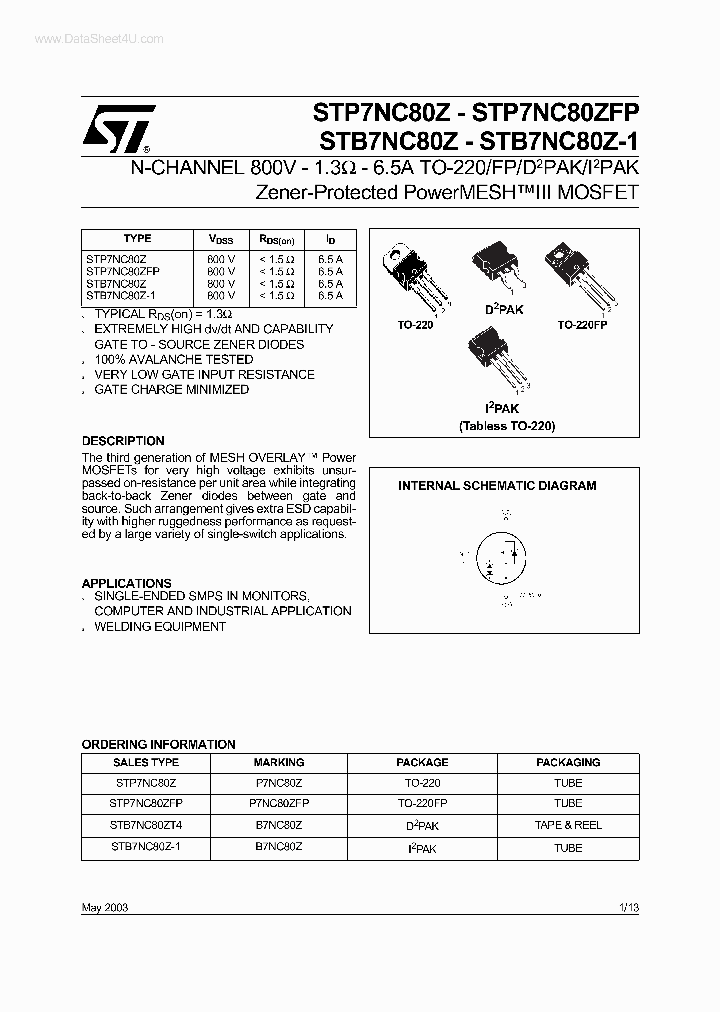 P7NC80ZF_4086613.PDF Datasheet Download --- IC-ON-LINE