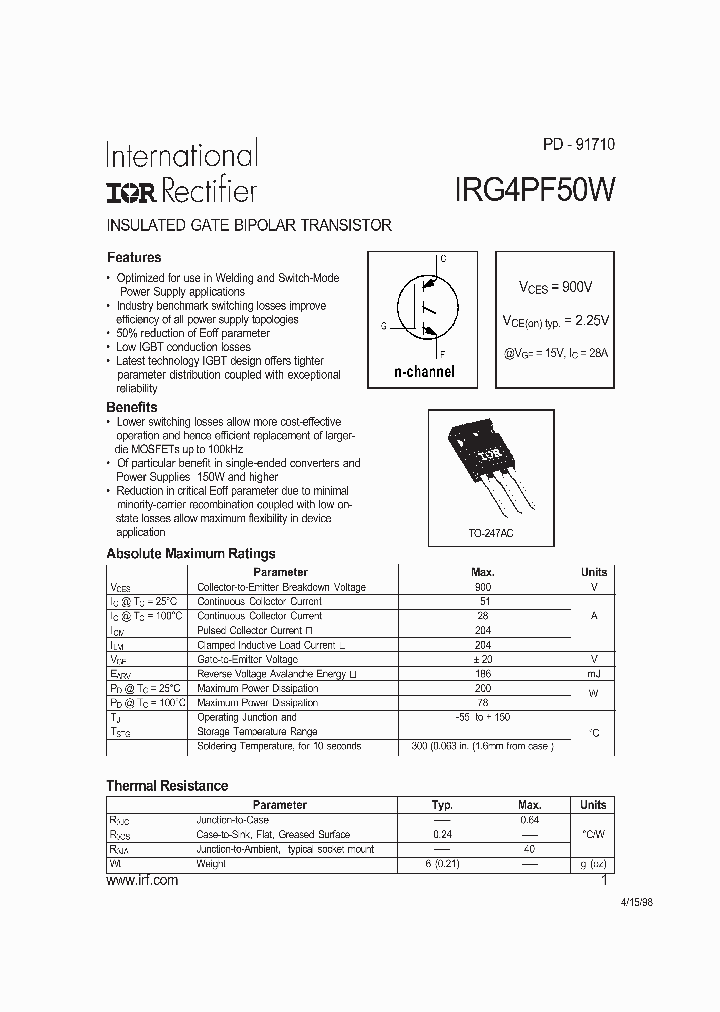 IRG4PF50W-EPBF_3879912.PDF Datasheet Download --- IC-ON-LINE