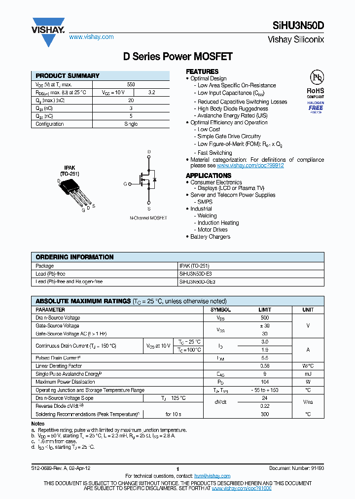 SIHU3N50D-GE3_4523188.PDF Datasheet