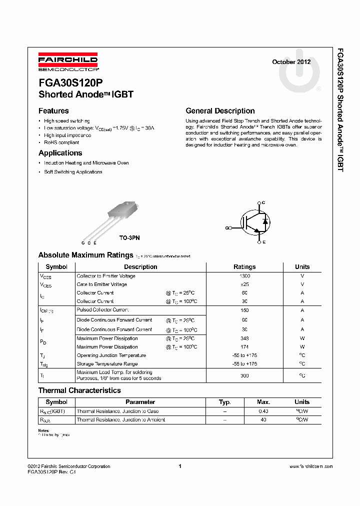 FGA30S120P_4728503.PDF Datasheet Download --- IC-ON-LINE