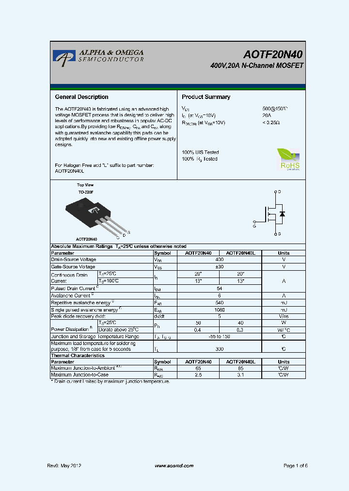 AOTF20N40_5395630.PDF Datasheet