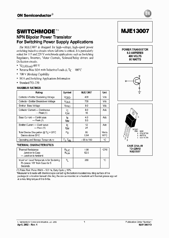 MJE13007-D_5528588.PDF Datasheet Download --- IC-ON-LINE