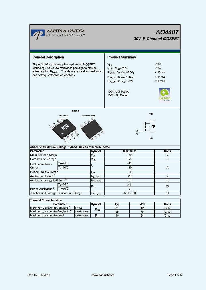AO4407_5880844.PDF Datasheet Download --- IC-ON-LINE
