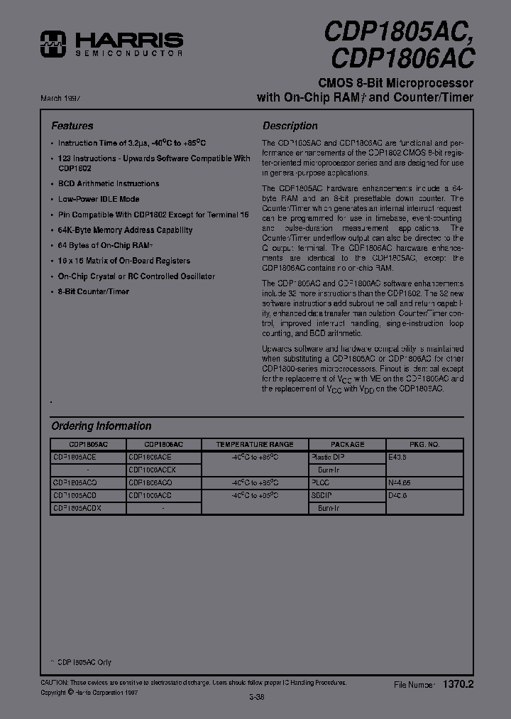 Circuito Integrato CMOS 8 Bit CDP1806ACE In DIP-40 - Intersil/Harris