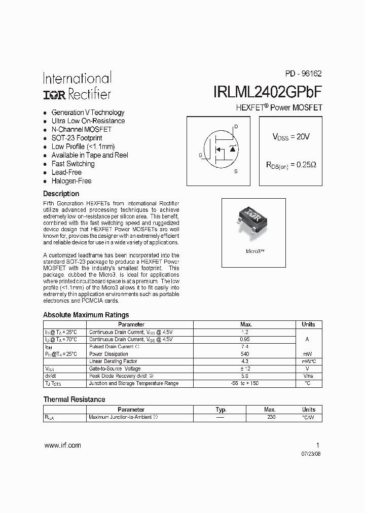 IRLML2402GPBF_6696139.PDF Datasheet