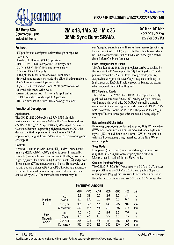 GS8321E32AGD-400IT_6707965.PDF Datasheet