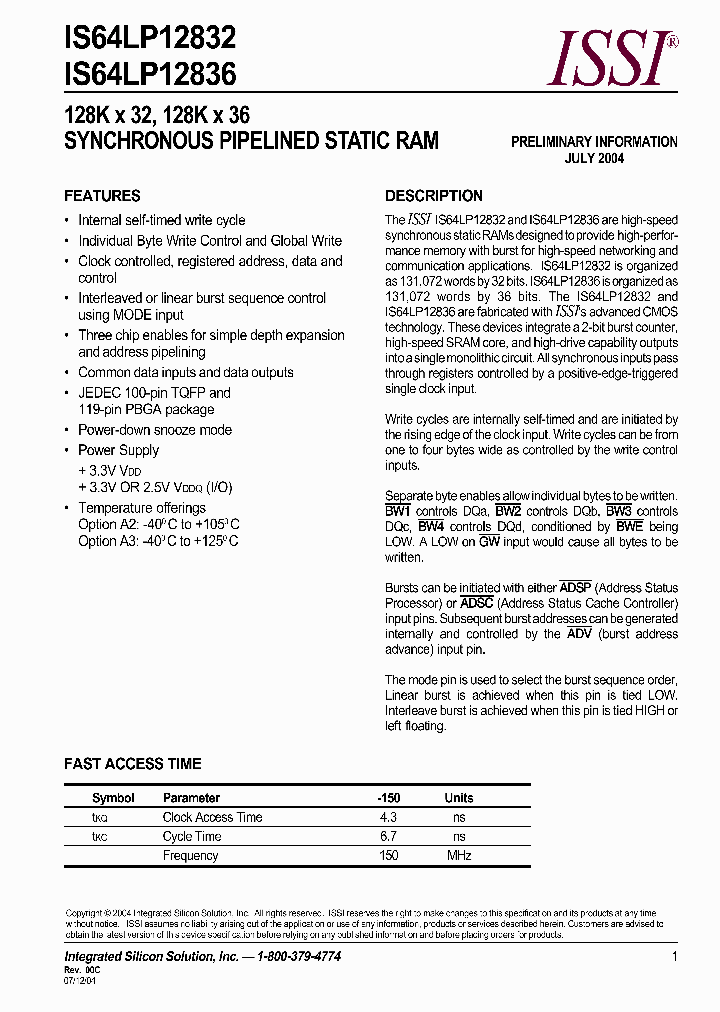 IS64LP12836-150TQA2_6774545.PDF Datasheet