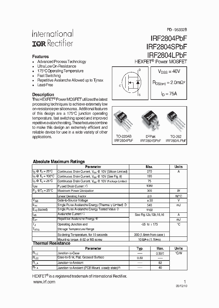 IRF2804PBF10_7274116.PDF Datasheet