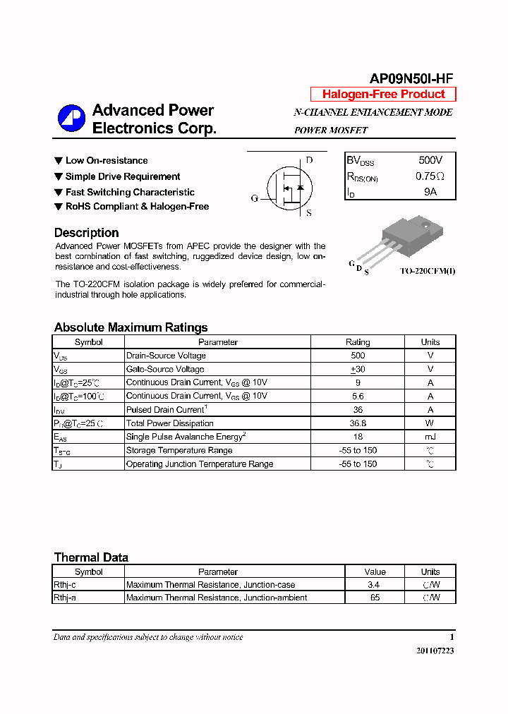 AP09N50I-HF_7299607.PDF Datasheet