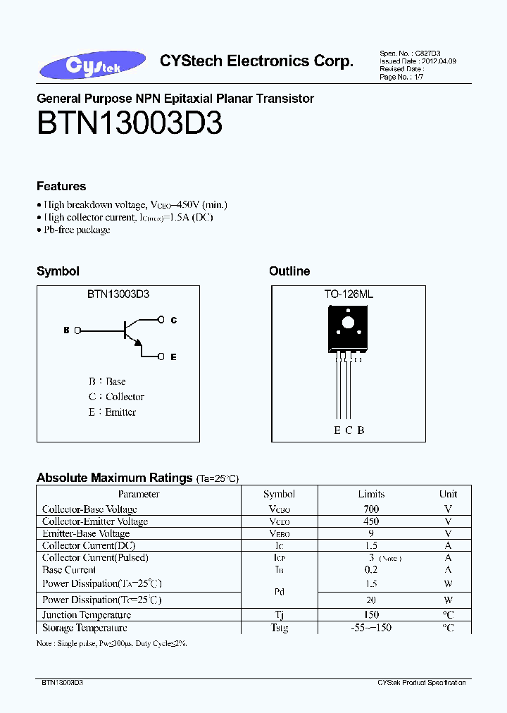 BTN13003D3_7595251.PDF Datasheet