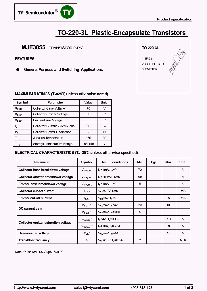 MJE3055_7605408.PDF Datasheet Download --- IC-ON-LINE