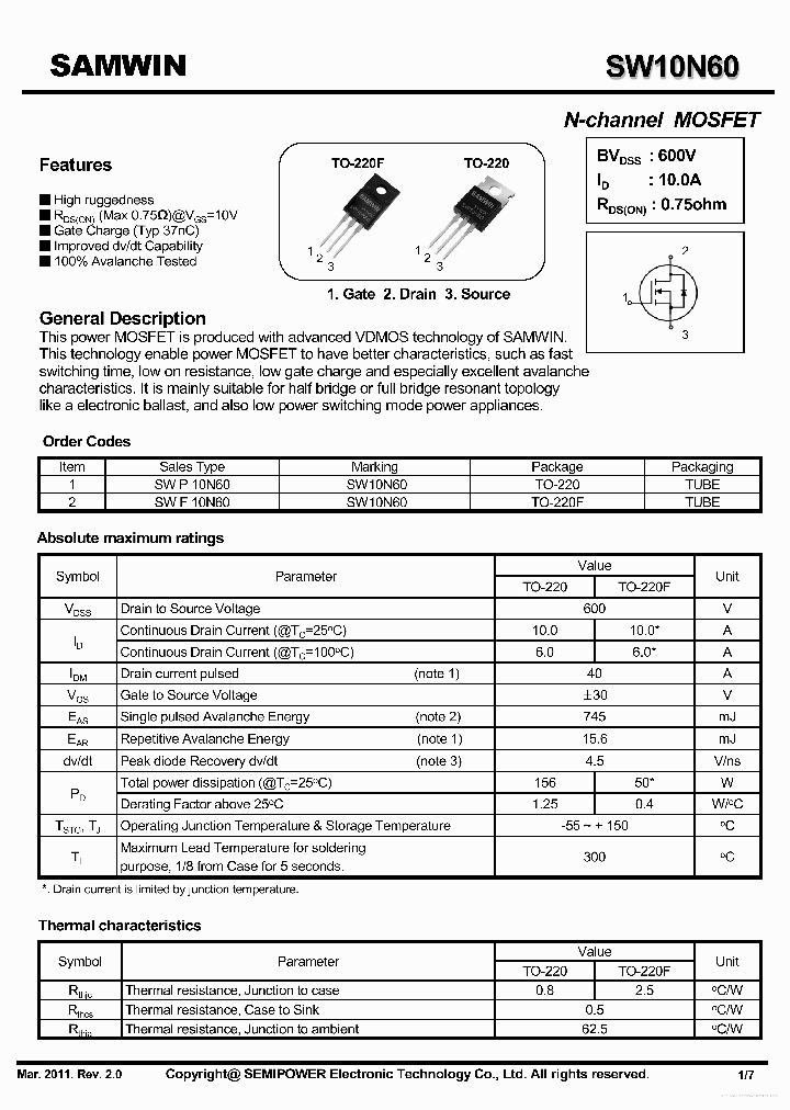 SW10N60_7675047.PDF Datasheet Download --- IC-ON-LINE