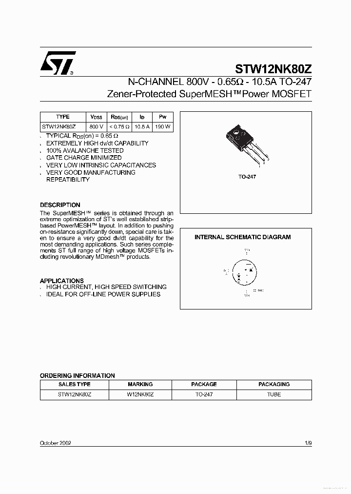 W12NK80Z_7681402.PDF Datasheet Download --- IC-ON-LINE