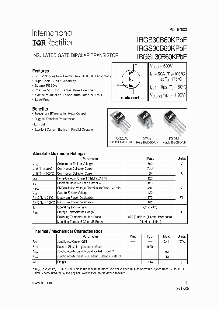 IRGSL30B60KPBF_7849520.PDF Datasheet