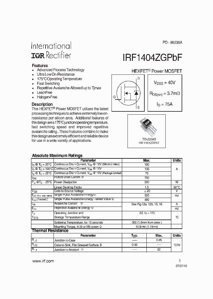 IRF1404ZGPBF_7855269.PDF Datasheet