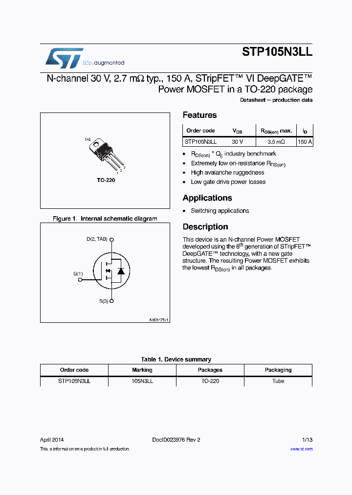 STP105N3LL_8238643.PDF Datasheet