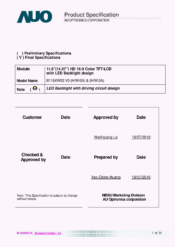 B116XW03-V0_7870755.PDF Datasheet